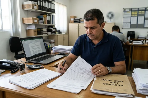 Profissional analisando documentos para recurso de multa em Igarassu, concentrado em seu trabalho.